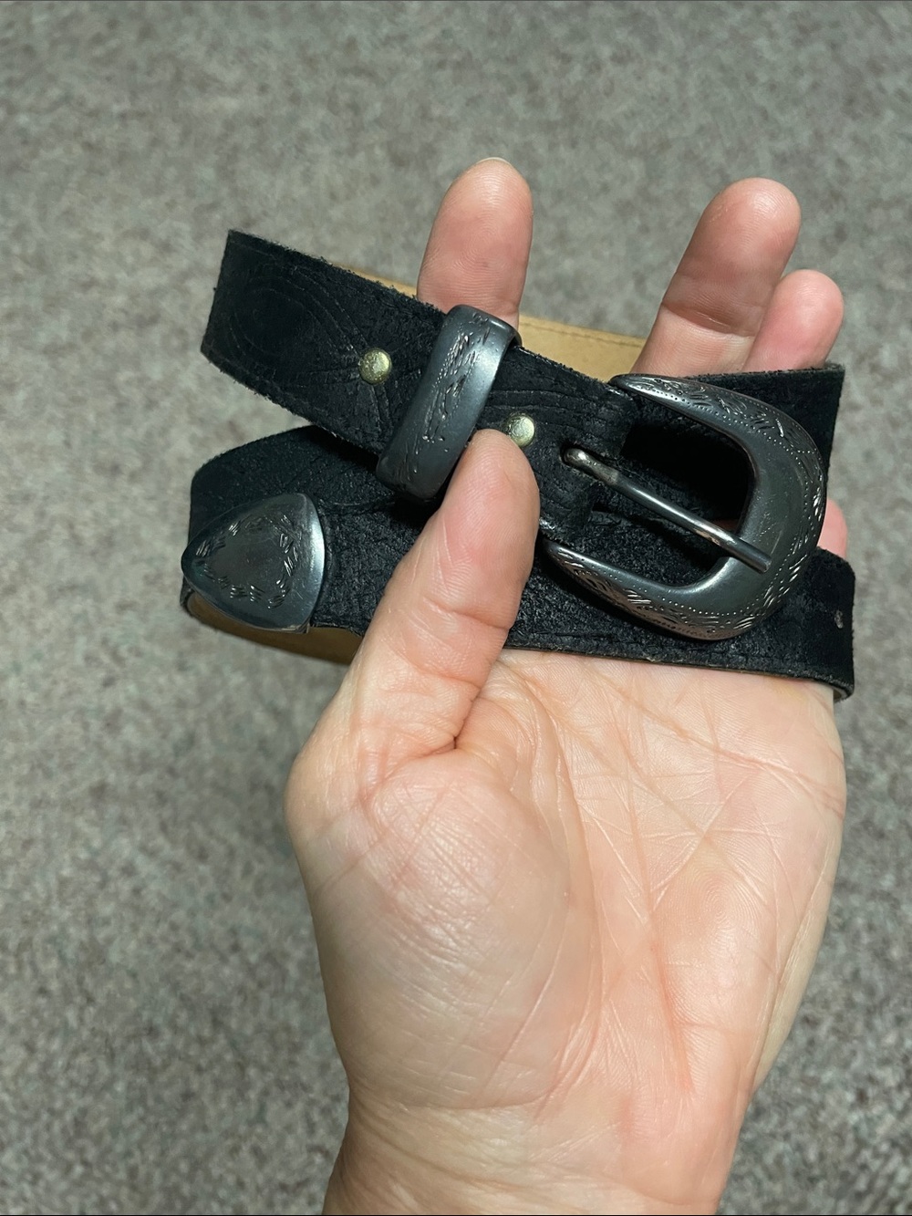 Vintage Black Suede Western-Style Belt with Engraved silver Buckle/end cap